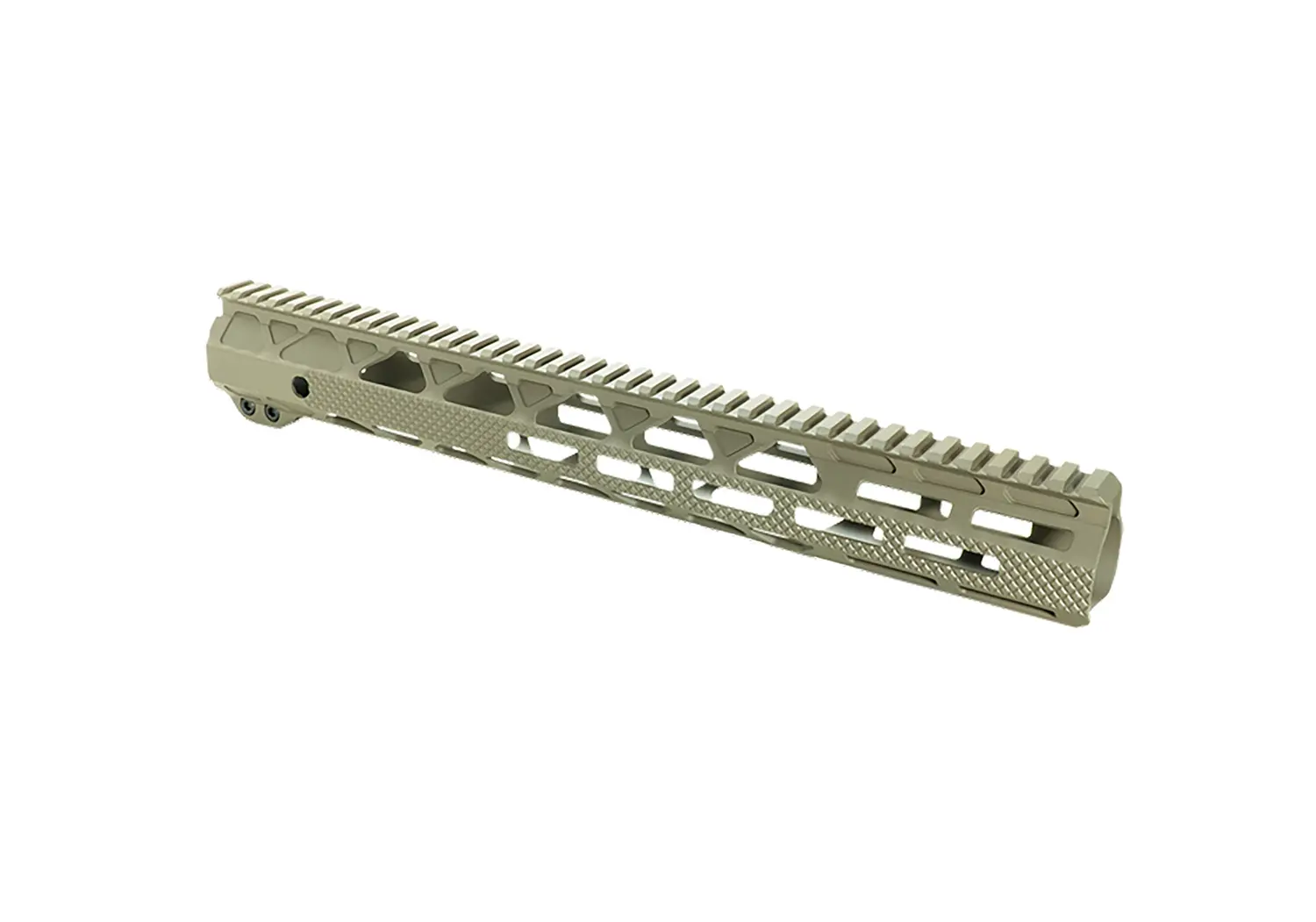 Lightweight tan handguard for rifles with Picatinny rail system.