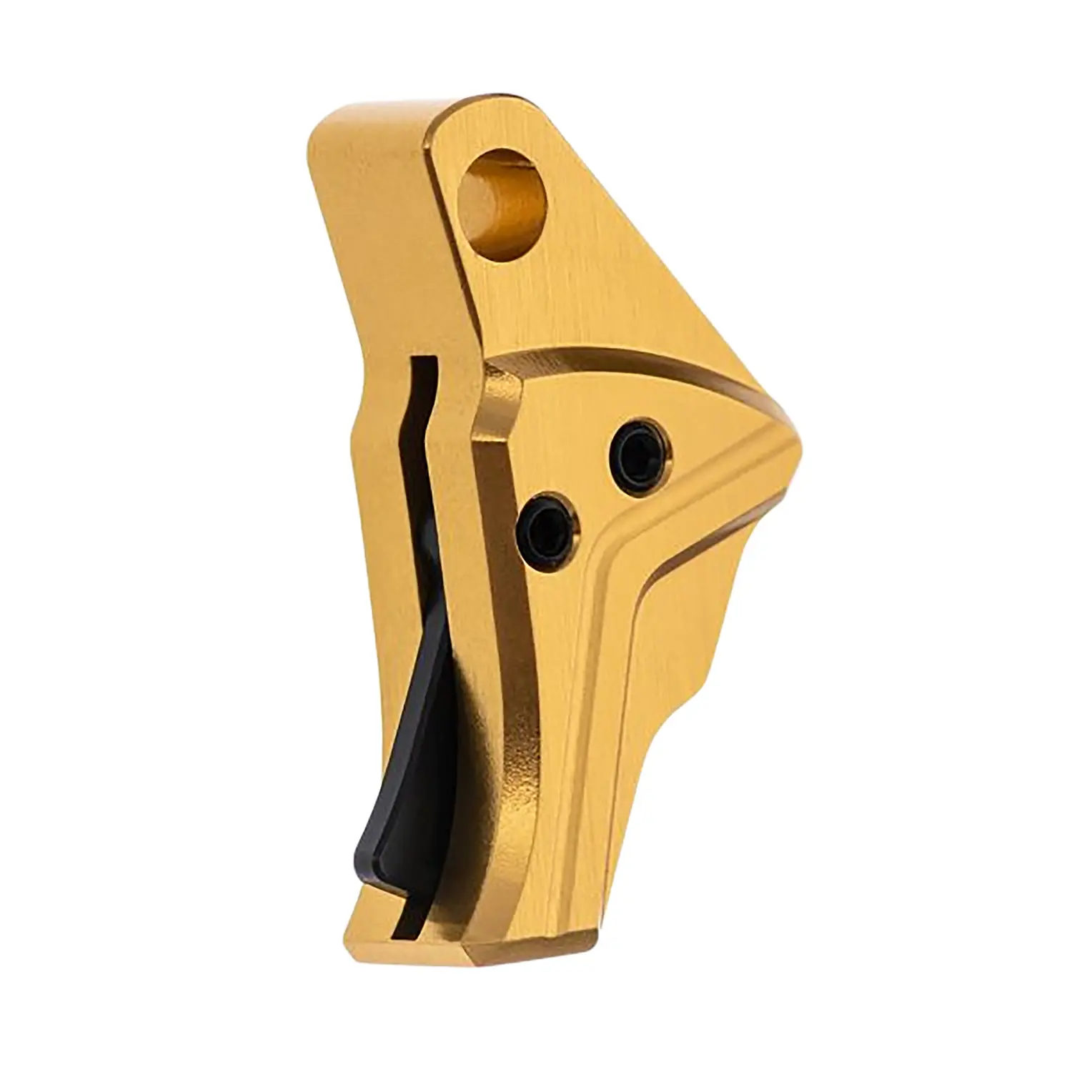 Gold-colored firearm safety lever with black accents for secure handling.