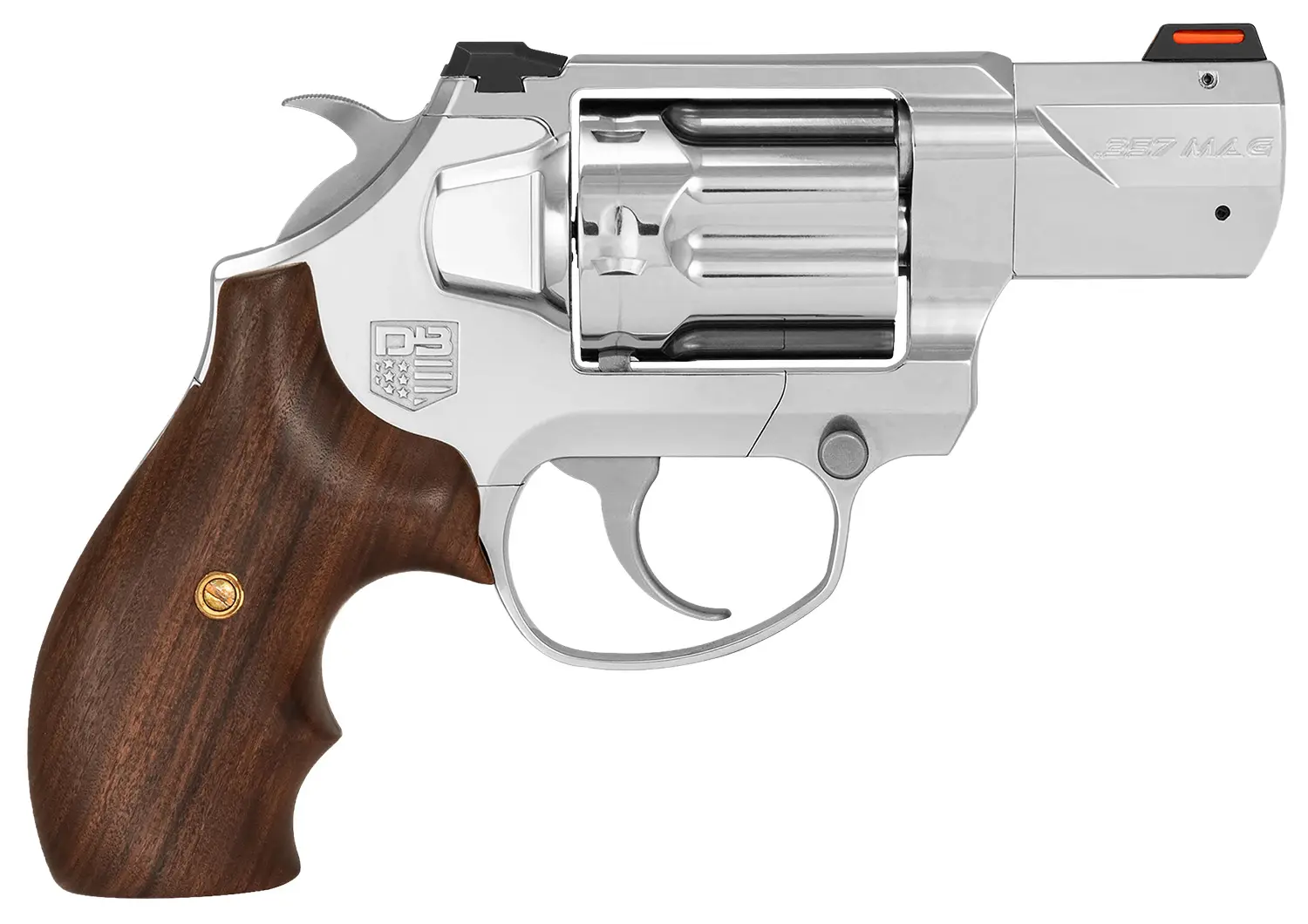Revolver with silver finish and wooden grip, showcasing a modern firearm design.