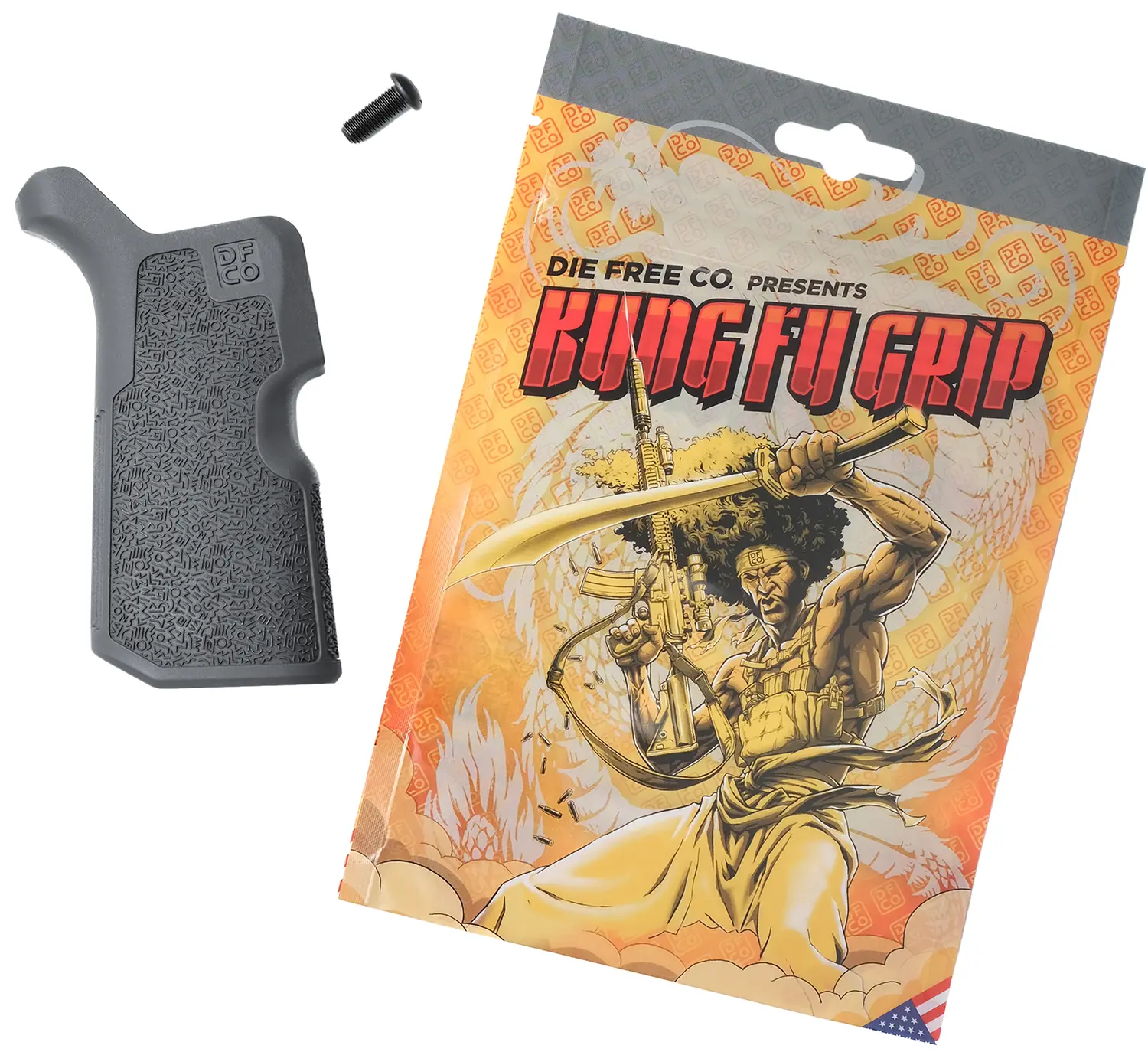 Firearm grip with packaging featuring martial arts theme and branding.