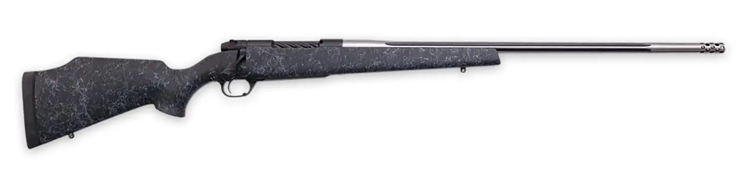 A high-precision bolt-action rifle with a textured black stock and long barrel, equipped with a moun.