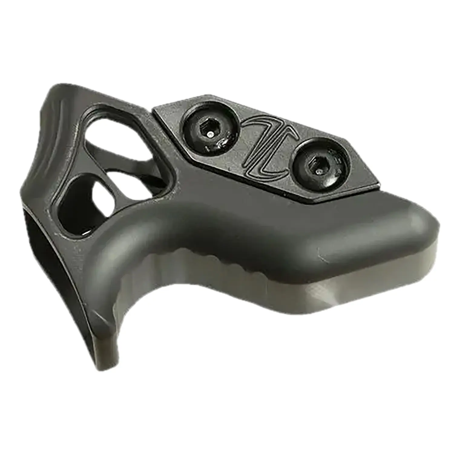 Black firearm accessory with mounting screws for gunsmithing.