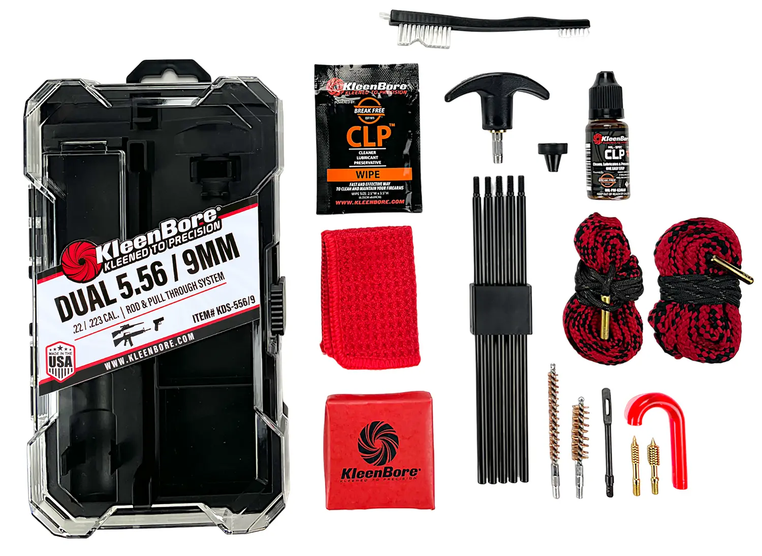 Complete gun cleaning kit with brushes, patches, and lubricants for firearms maintenance.