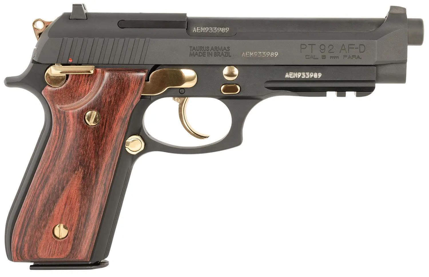 Pew Emporium firearm shop offers the Taurus PT 92 AFS semi-automatic pistol with wooden grip.