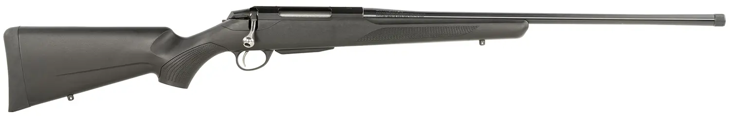 Bolt-action rifle with black synthetic stock and long barrel.