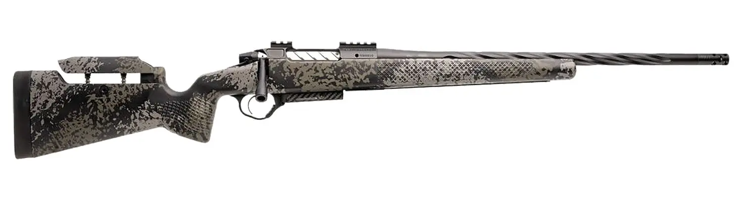 Sniper rifle with a camouflage pattern and long barrel for accurate shooting.