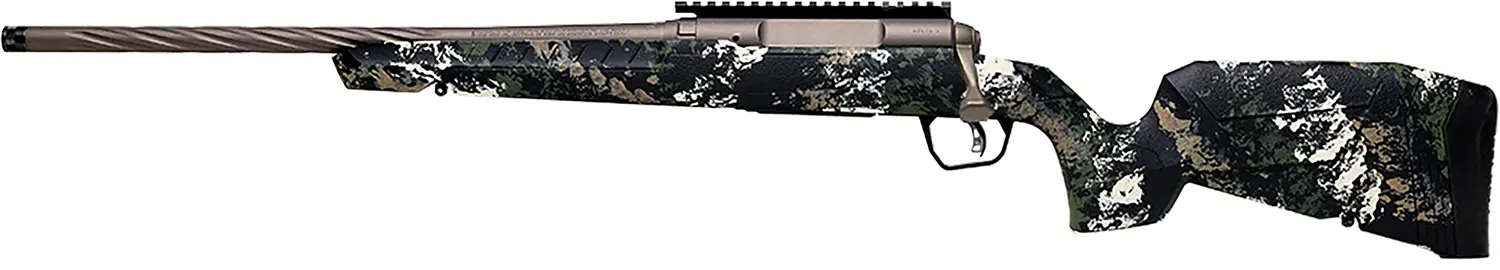 A sniper rifle featuring a camouflage pattern, scope, and long barrel, ideal for precision shooting.