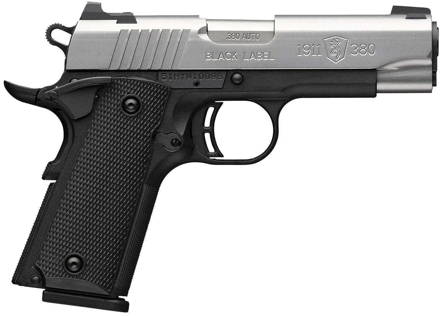 Browning 051119492 1911 Black Label Compact 380 ACP 8+1 3.63" Stainless Steel Barrel, Satin Stainless Steel Serrated Slide, Matte Black Polymer Frame, Black Polymer Grip