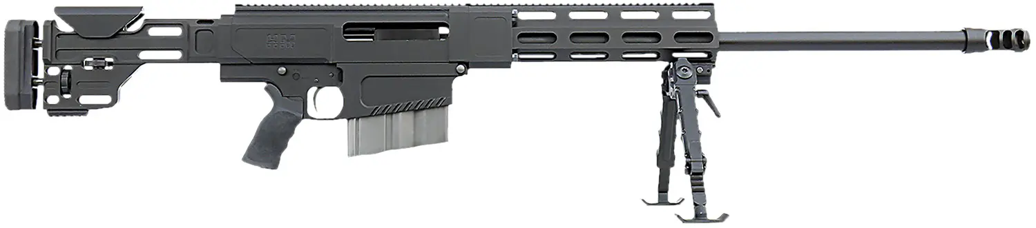 Modern sniper rifle with adjustable stock and bipod for precision shooting.