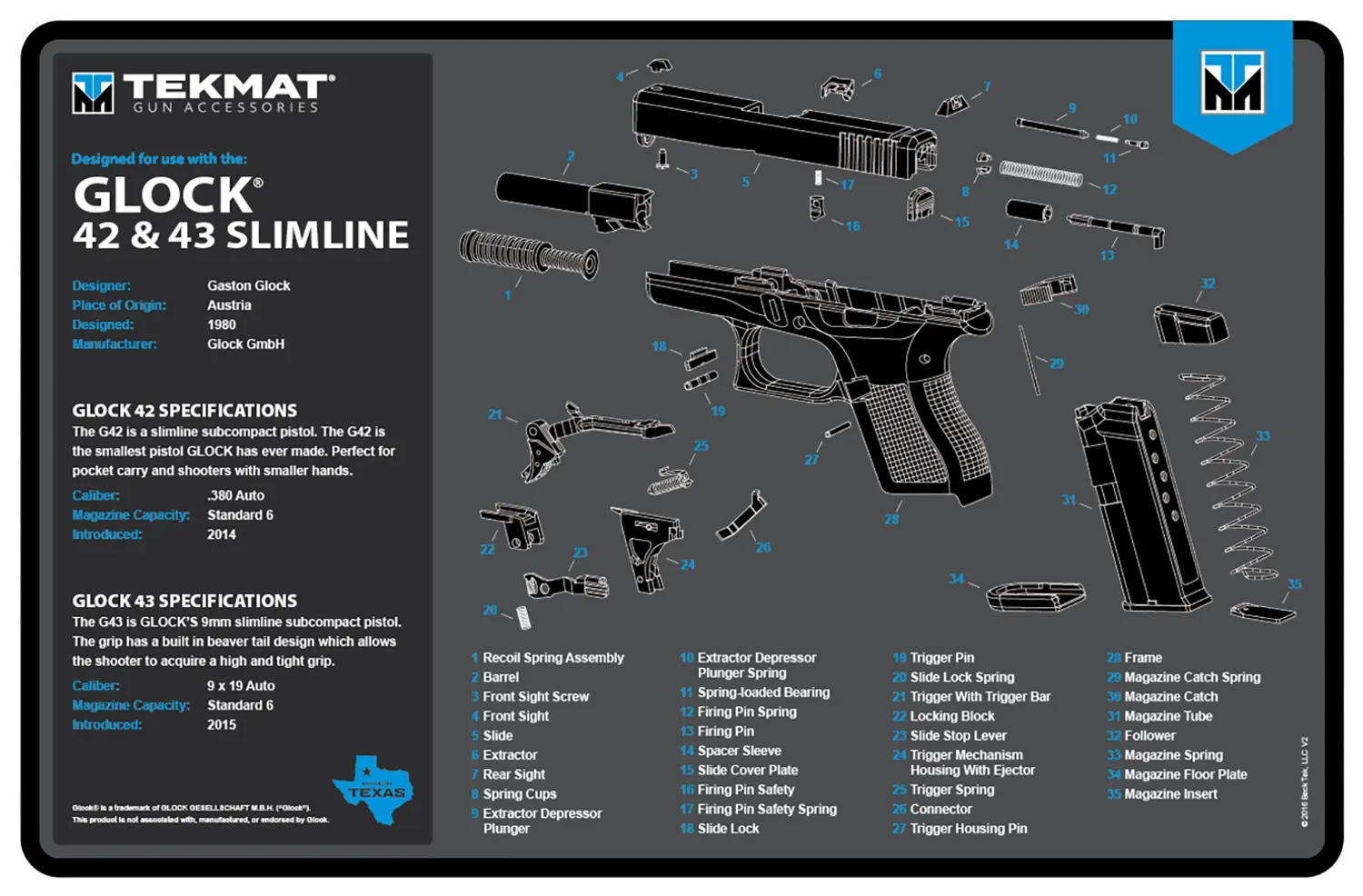 Technical diagram of Glock 42 & 43 Slimline pistols with parts labeled.