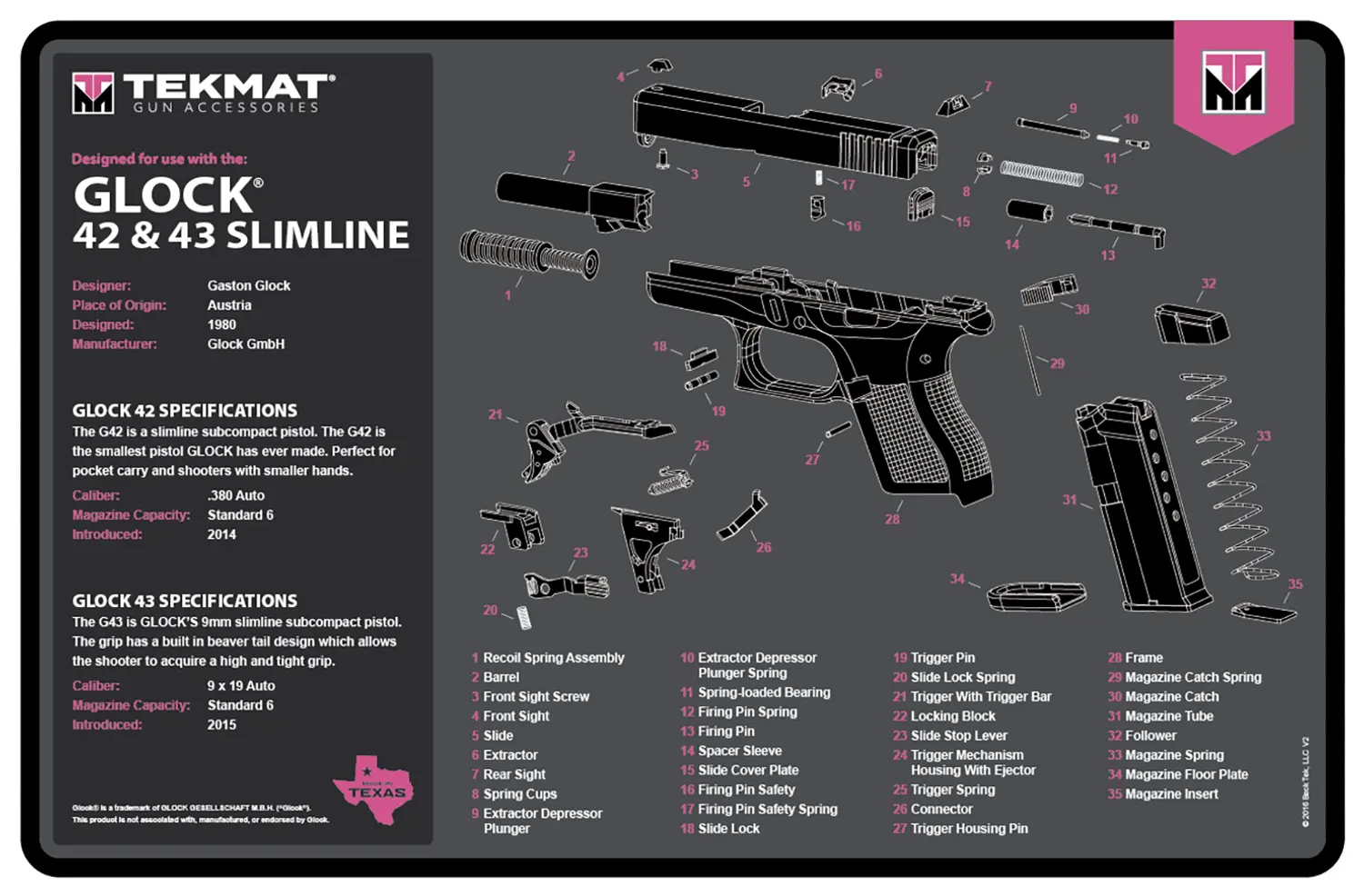 Diagram of Glock 42 & 43 Slimline pistols with parts labeled.