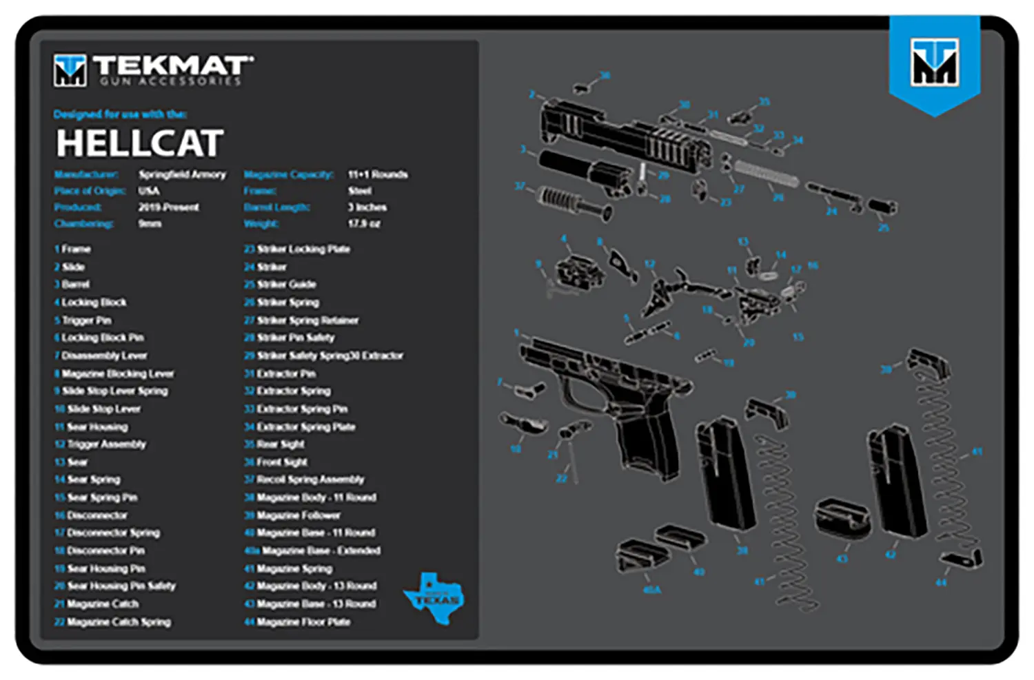 Detailed schematic of Tekmat Helcat gun cleaning mat with labeled parts and tools.