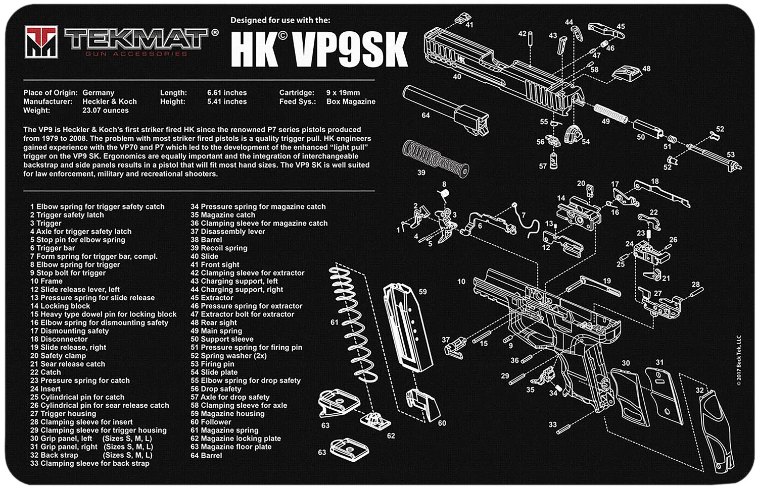TekMat TEKR17HKVP9SK HK VP9SK Cleaning Mat Black/White Rubber 11"x17" HK VP9SK Parts Diagram