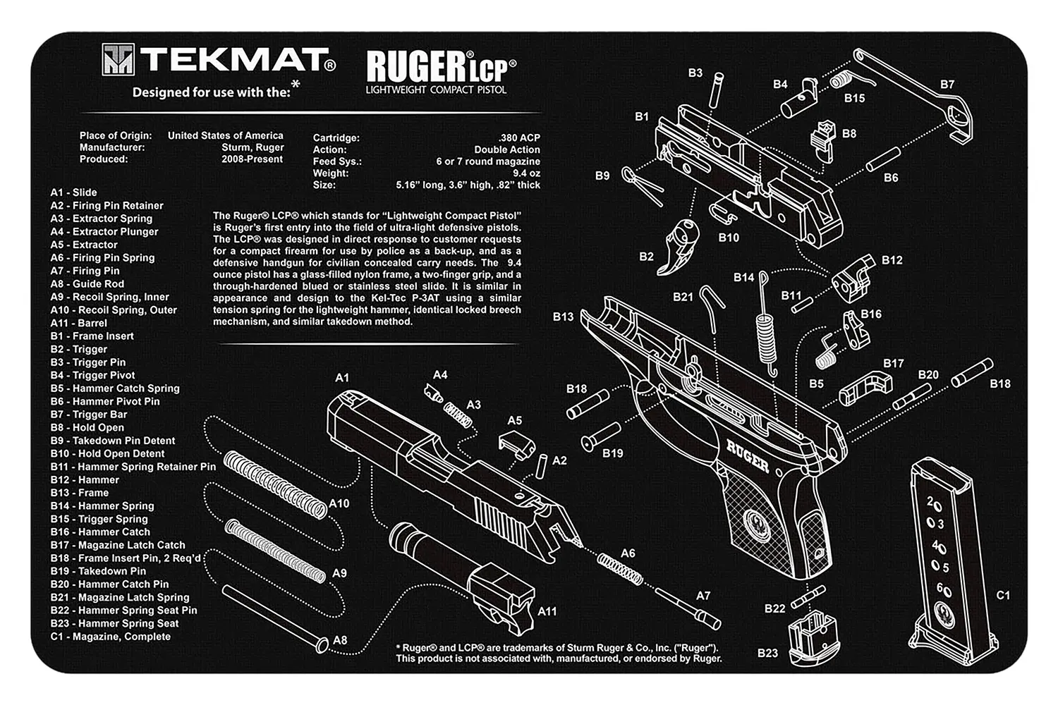 TekMat TEKR17RUGERLCP Ruger LCP Cleaning Mat Black/White Rubber 11"x17" Ruger LCP Parts Diagram