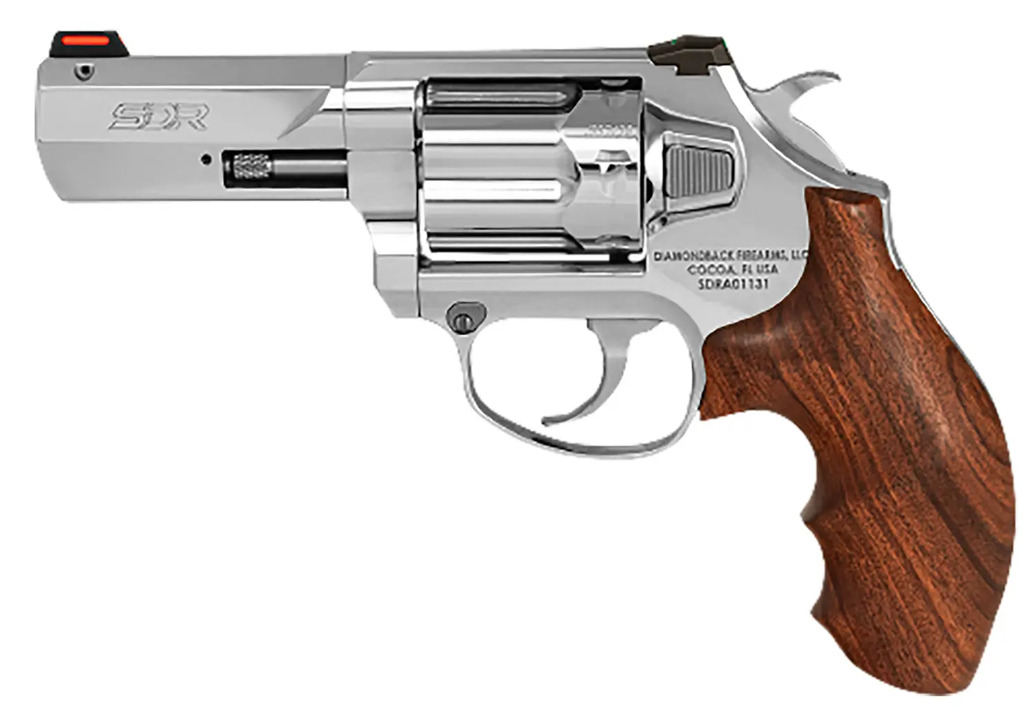 Silver revolver with wooden grip, ideal for firearm enthusiasts and collectors.
