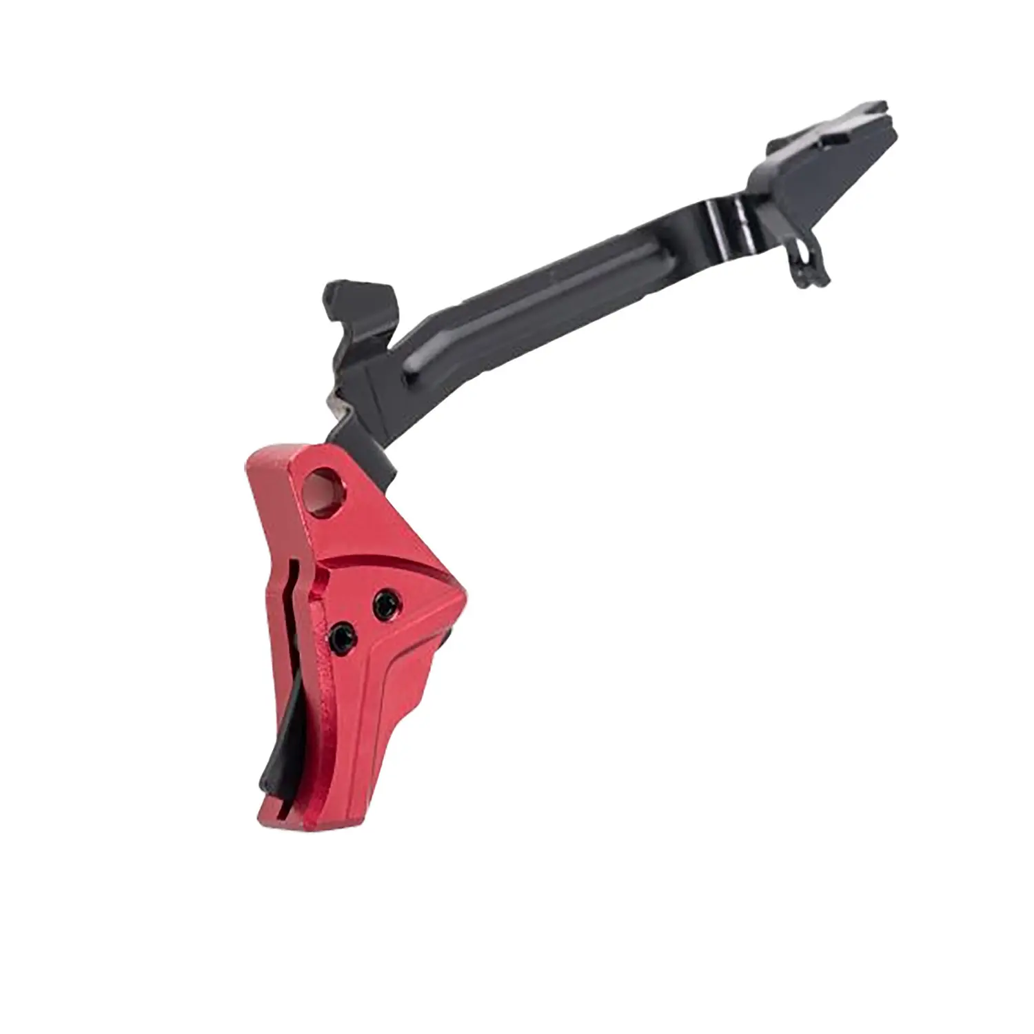 Precision firearm trigger assembly with red and black components.