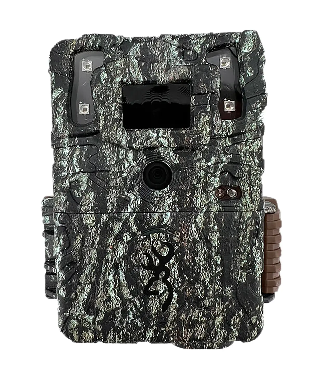 Trail camera with camouflage pattern and infrared LEDs for wildlife monitoring.