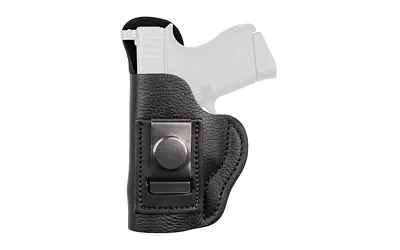 Holster with a white handgun secured inside for concealed carry.