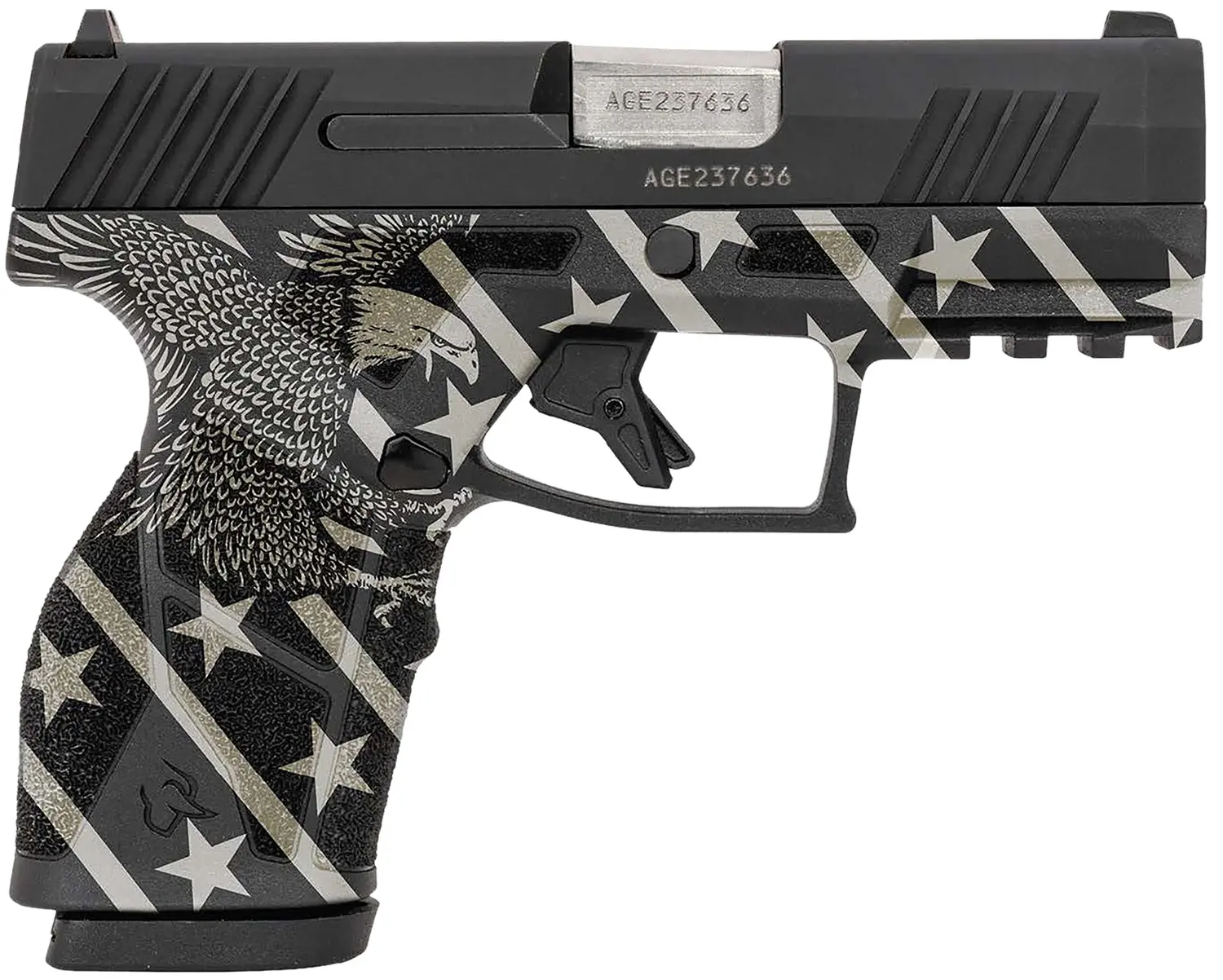 Taurus 1-GX2931-EN1 GX2 Compact Frame 9mm Luger 13+1 3.38" Stainless Steel Barrel, Matte Black Serrated Alloy Steel Slide, Black w/Eagle, Stars & Stripes Polymer Frame w/Accessory Rail