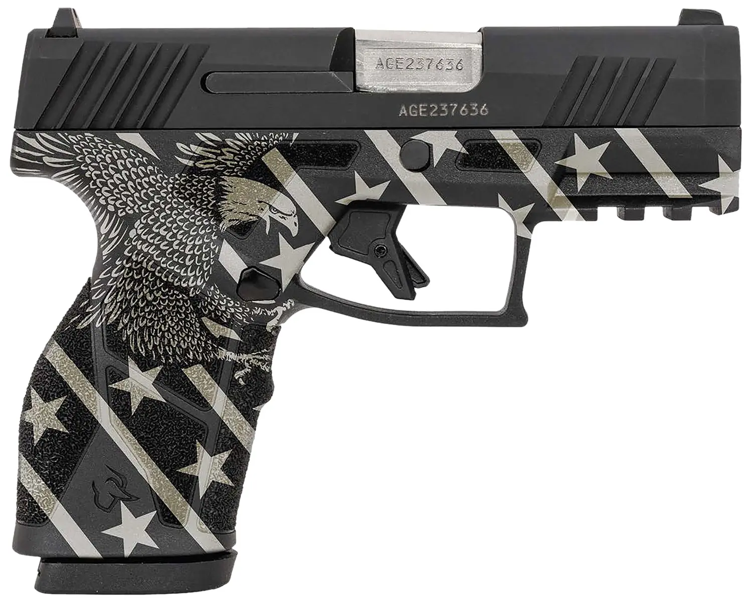 Pistol featuring American eagle and star pattern for patriotic firearm enthusiasts.