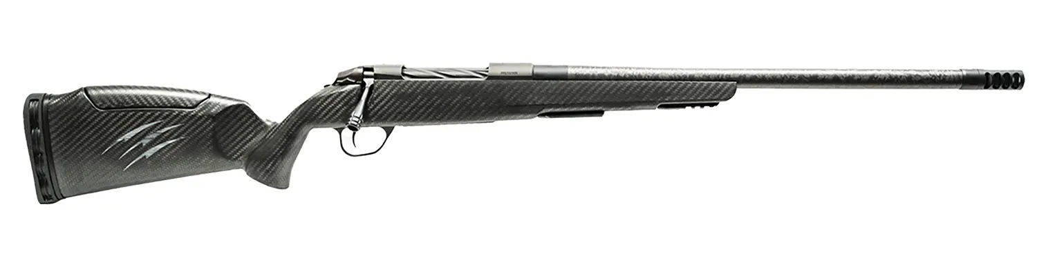 A precision rifle featuring a black synthetic stock and a mounted scope, ideal for hunting and targe.
