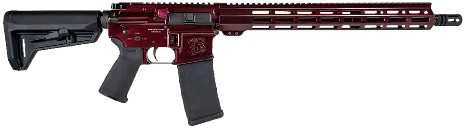 AR-15 rifle with a maroon finish and black stock, featuring a long barrel and tactical handguard.