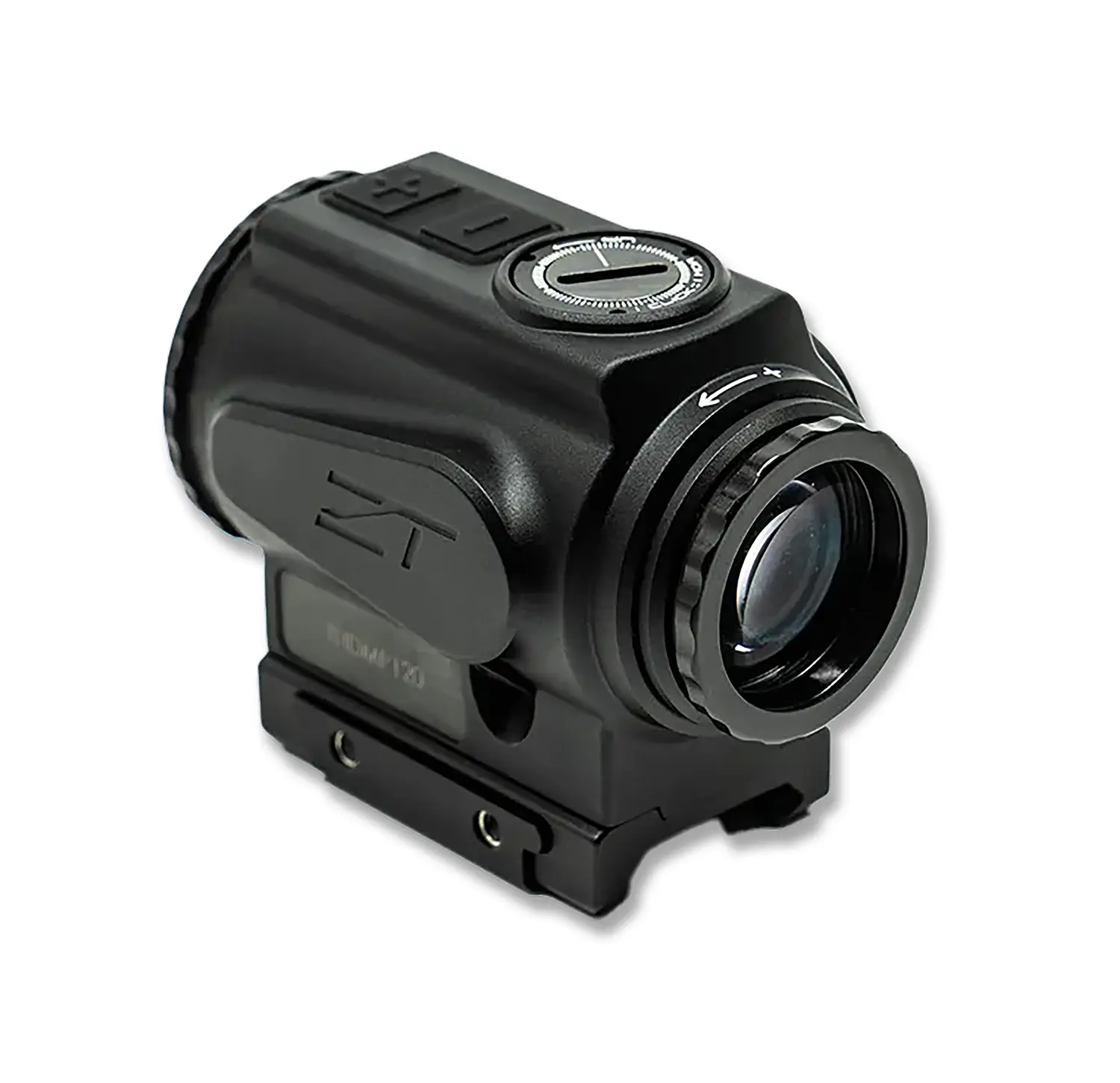Close-up of a tactical rifle scope with adjustable dials and mounting base.