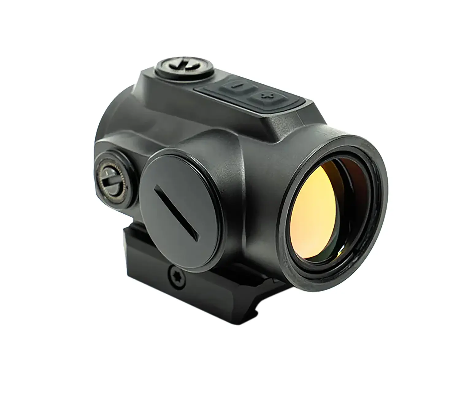Close-up of a tactical rifle scope with adjustable dials and yellow-tinted lens.