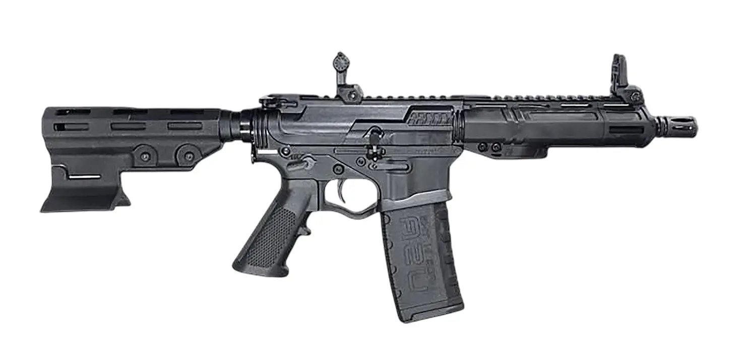 Tactical rifle with adjustable stock and scope mount for precision shooting.