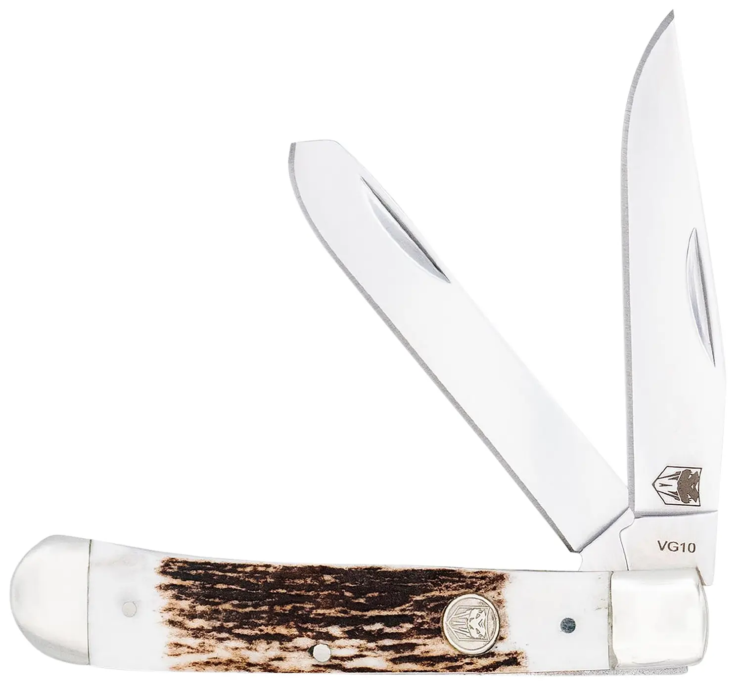 CobraTec Knives CTTDTRPSTAG Trapper Folding 2.88" Clip Point, 2.94" Spey Plain Polished VG-10 SS Blades, 4.44" Stag Bone Scales/SS Handle