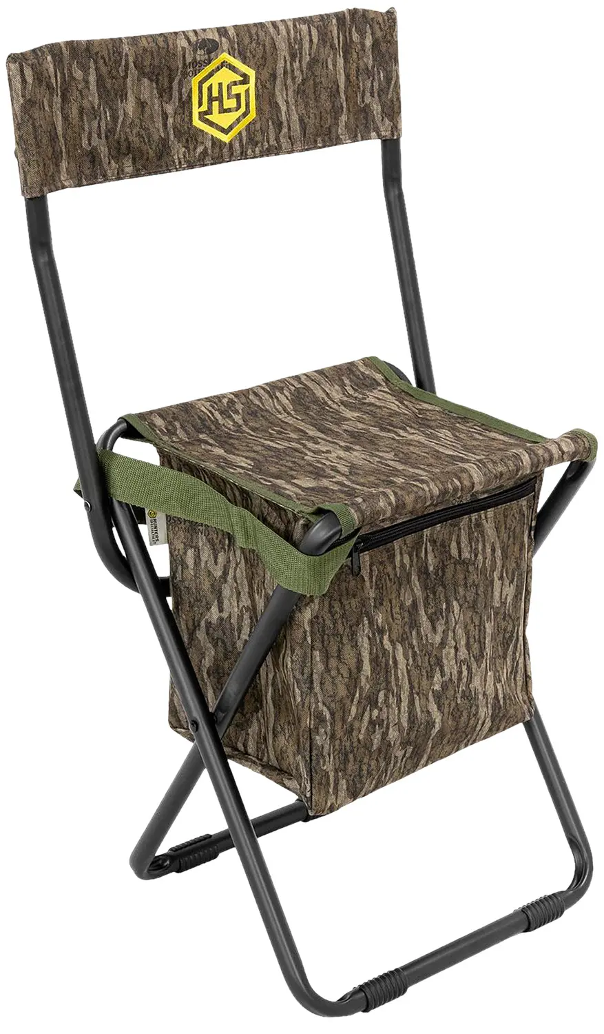 Portable hunting chair with camouflage fabric and storage bag for outdoor activities.
