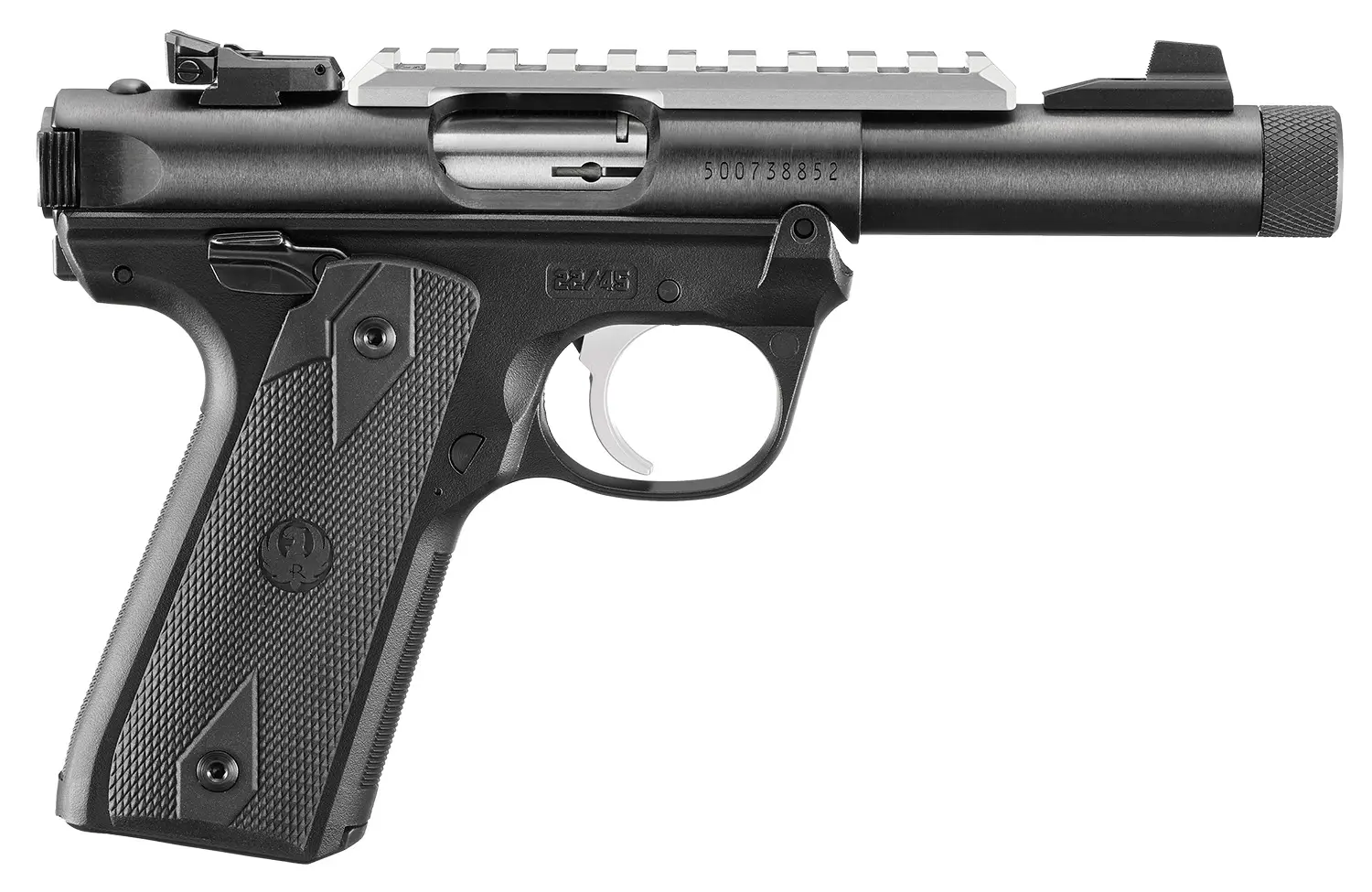 Ruger 40190 Mark IV 22/45 22 LR 10+1 4.40" Steel Threaded Bull Barrel, Blued Picatinny Rail Receiver, Blued Polymer Frame, Black Checkered Polymer Grip