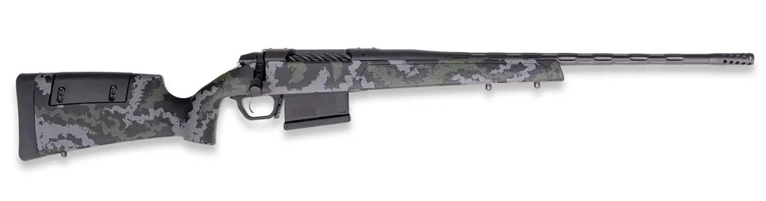 Modern sniper rifle with digital camouflage pattern and long barrel.