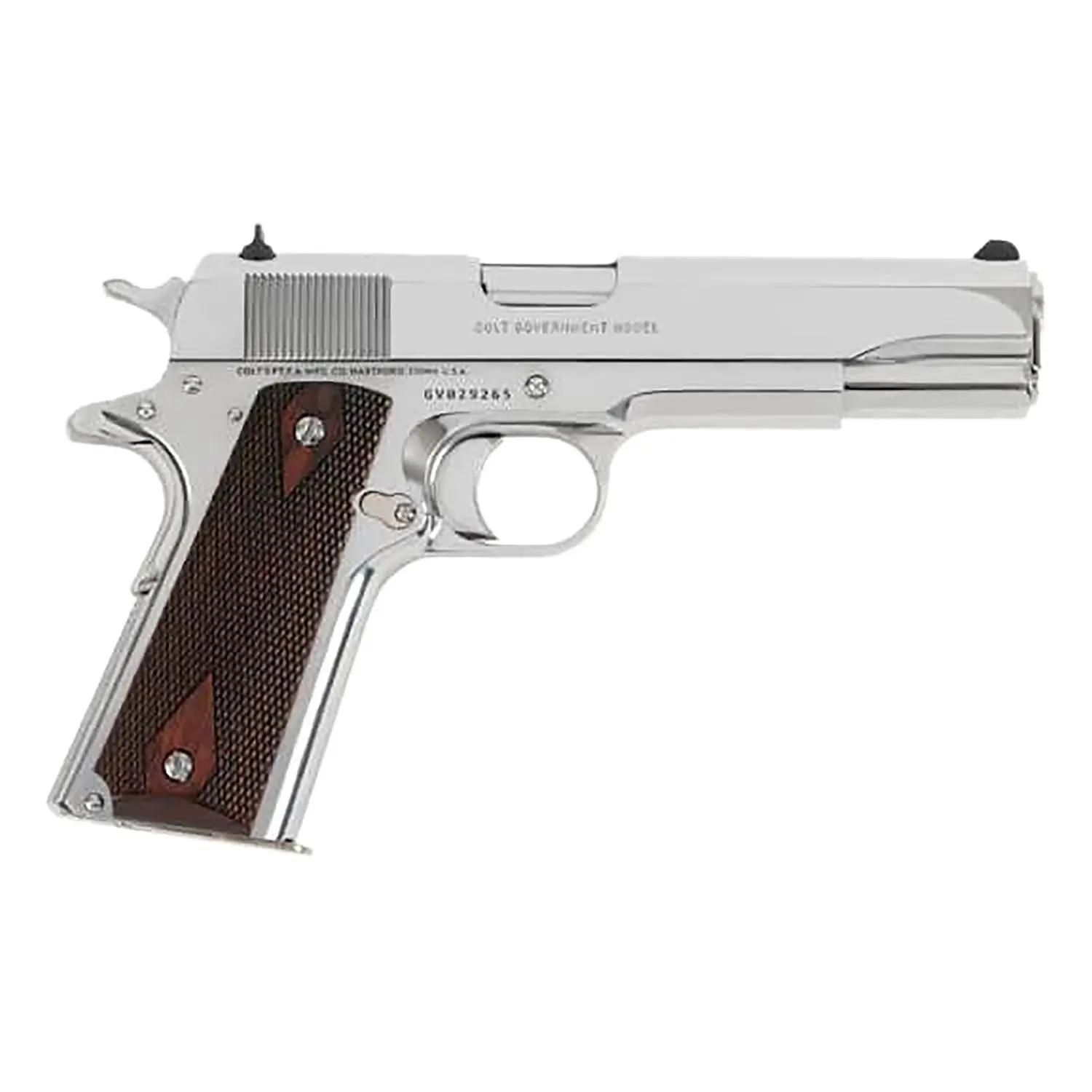 Colt Government Model 1911 semi-automatic pistol with a silver finish and wooden grip panels.