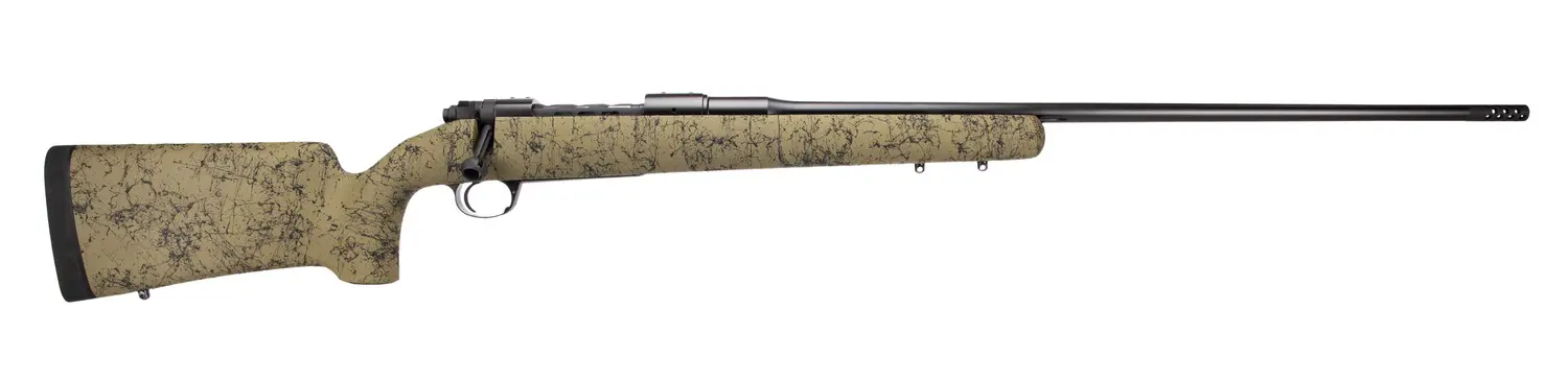 Rifle with camouflage pattern and scope for hunting or target shooting.