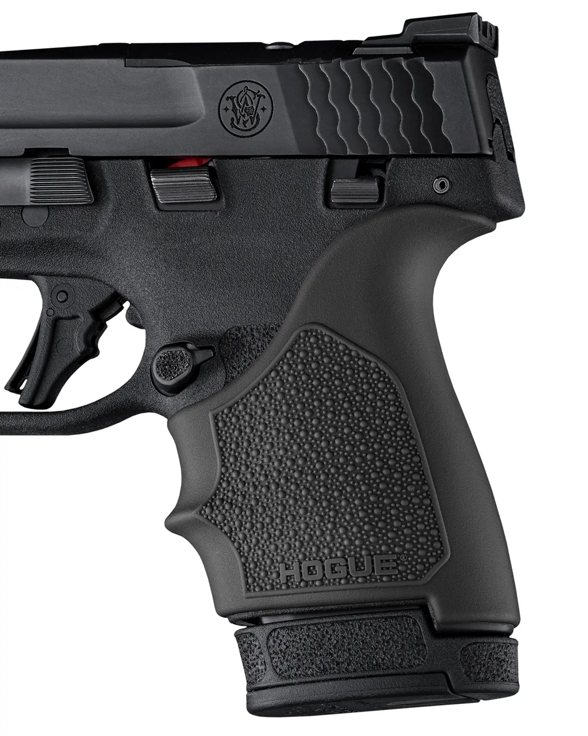 Semi-automatic handgun with textured grip and safety features.