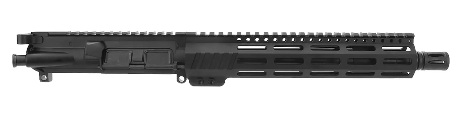 Modern black firearm barrel with rail system for accessories.