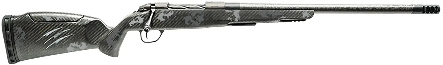 A sleek, modern hunting rifle with a black synthetic stock and scope mounted, ideal for outdoor shoo.
