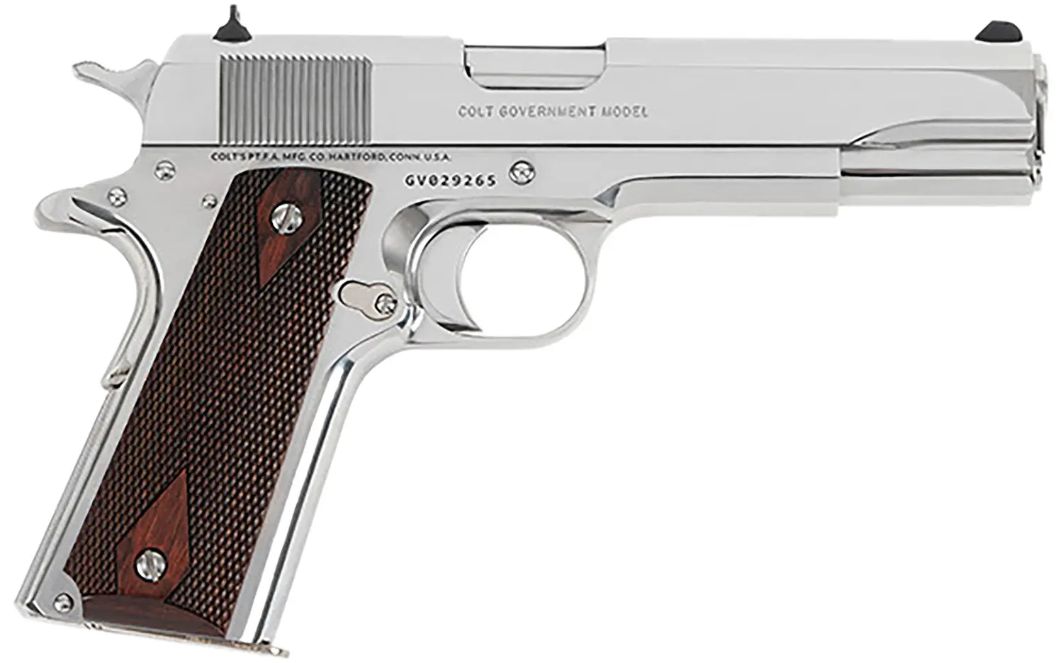 Colt Government Model 1911 semi-automatic pistol with stainless steel finish and wooden grips.