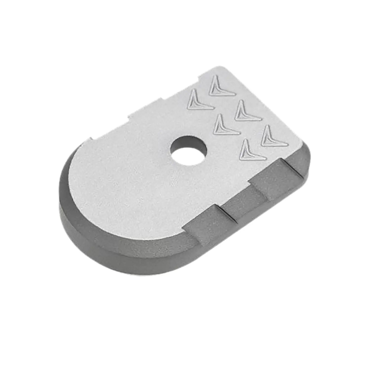 Aluminum firearm accessory featuring textured grip and a central hole for attachment.
