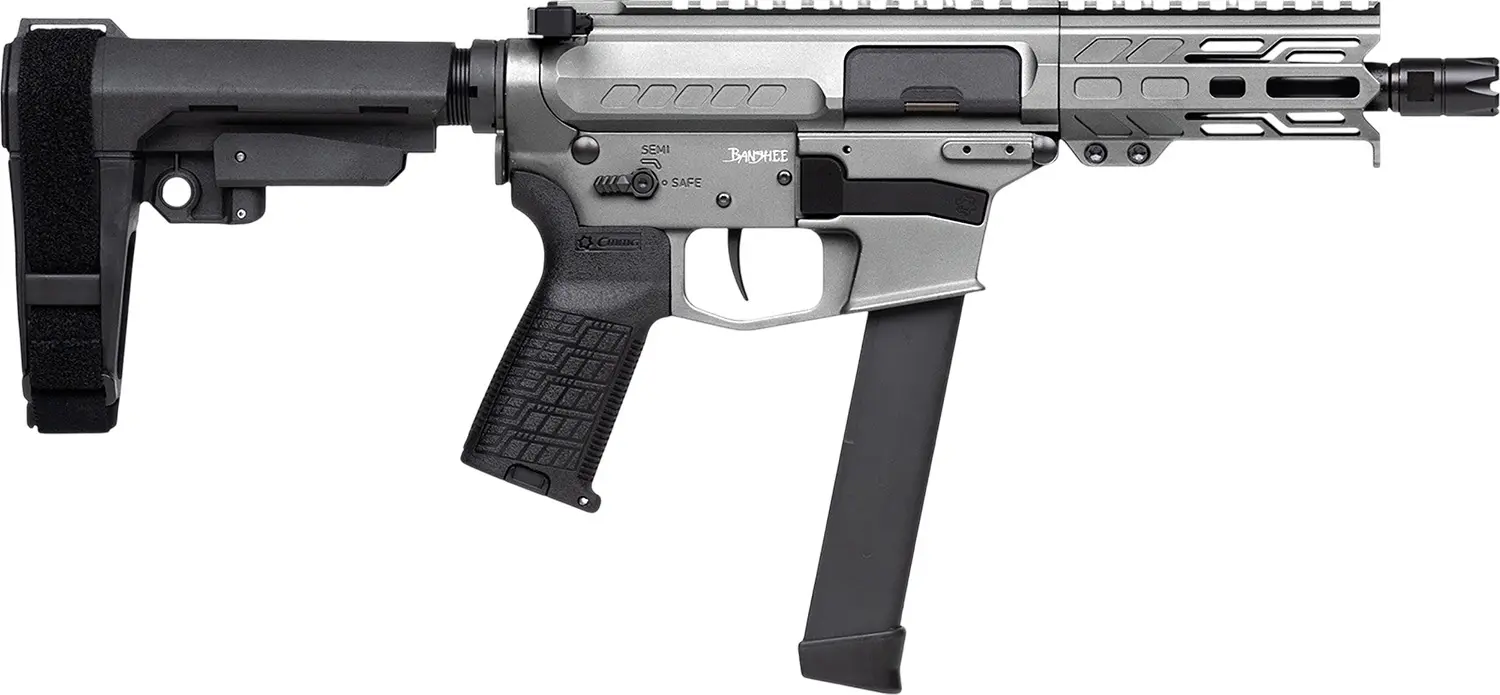 CMMG 99A290FTNG Banshee FE MkGs 9mm Luger 33+1 5" Black Nitride Threaded Barrel, M-LOK Handguard, Tungsten Cerakote Aluminum Receiver w/Picatinny Rail, Black Polymer CMMG RipBrace, CMMG Zeroed Grip