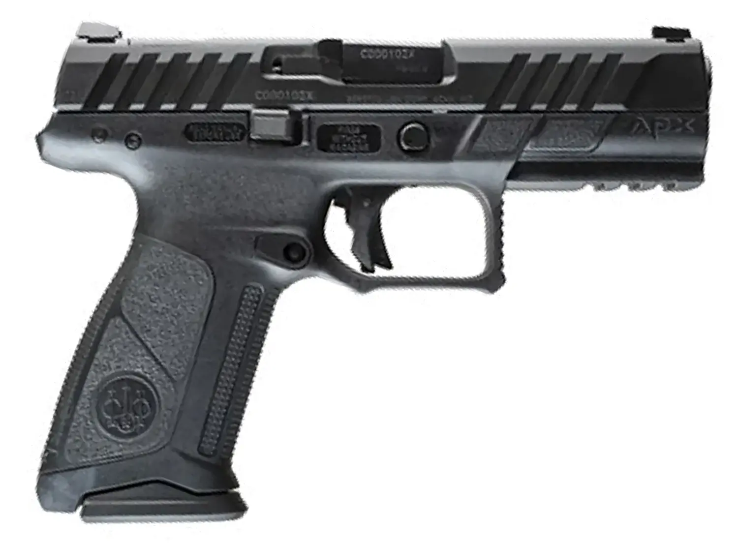 A semi-automatic handgun with a black finish and textured grip.