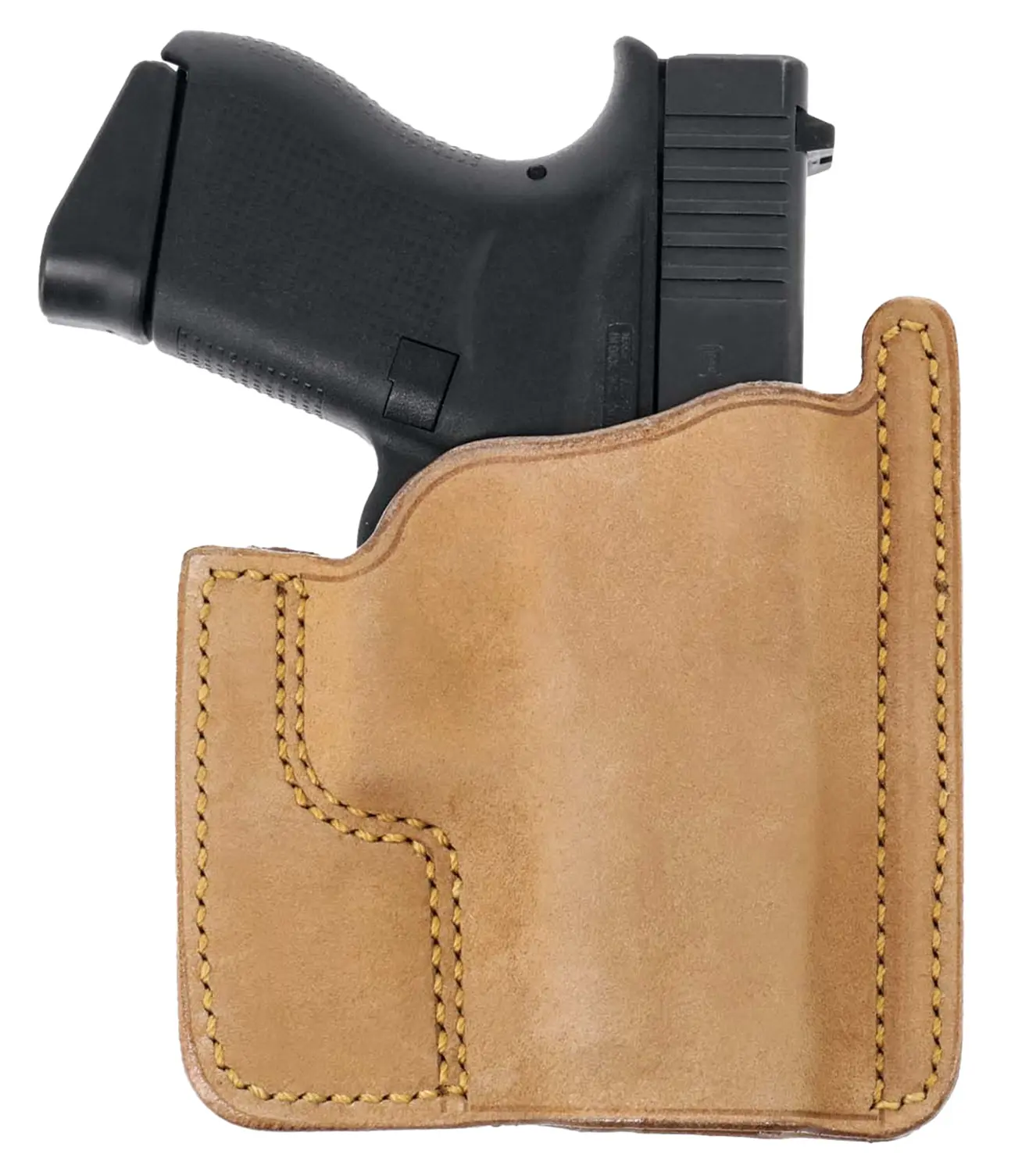 Concealed carry gun holster with a tan leather design, fitting a compact handgun securely.