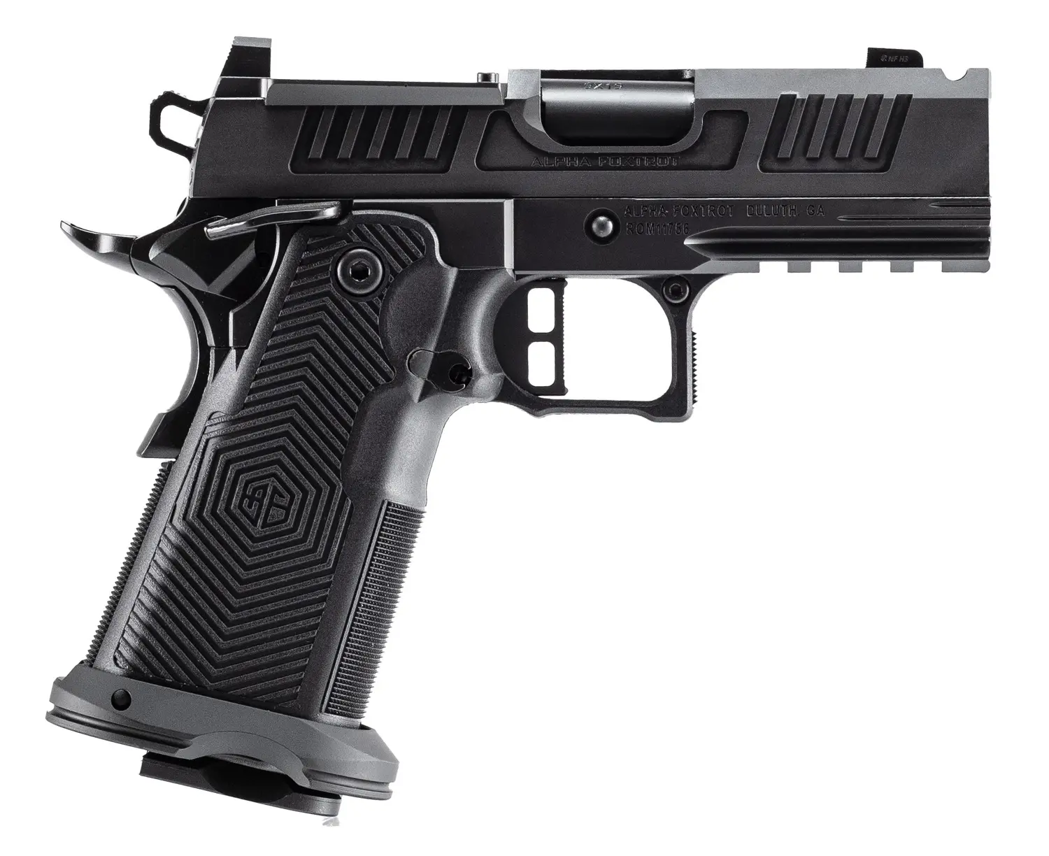 Semi-automatic pistol with black and silver finish, ergonomic grip, and tactical design.
