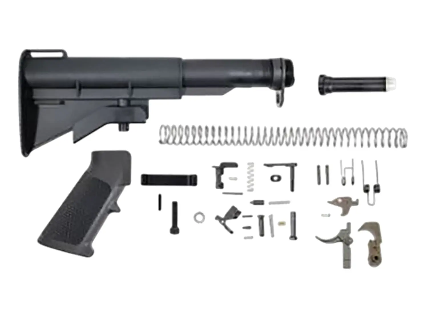 Disassembled rifle parts including stock, barrel, and firing mechanism.
