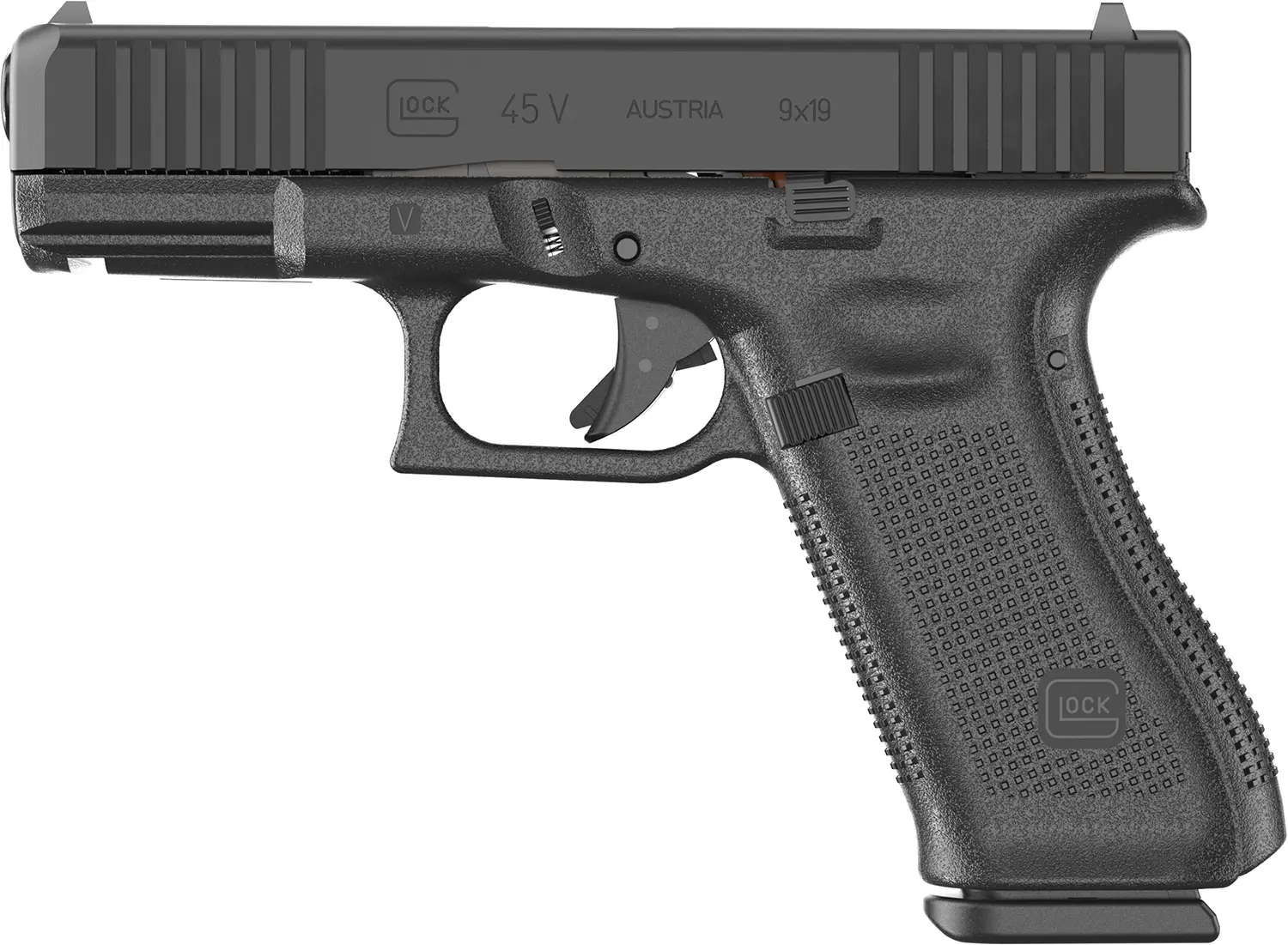 Glock PV4550203 G45 V Crossover 9mm Luger 17+1 4.02" Black GMB Barrel, Black nDLC Steel Serrated Slide, Black Polymer Frame w/Accessory Rail, Textured polymer Grip, Ambidextrous