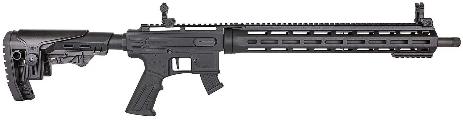 Modern tactical rifle with adjustable stock and long barrel for precision shooting.