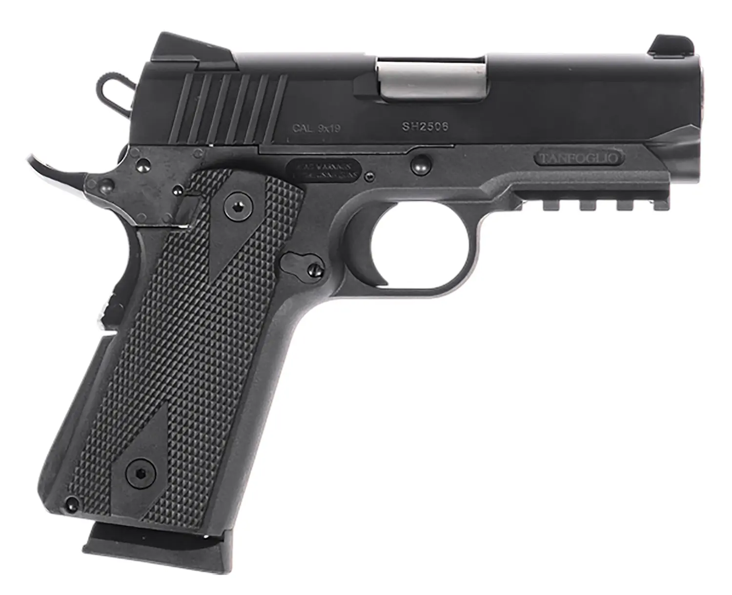 Tanfoglio TFPUGIO9 Pugio Compact 9mm Luger 10+1 3.54" Stainless Bull Barrel, Black Steel Serrated Slide, Black Polymer Frame w/Beavertail & Picatinny Rail, Textured Grip