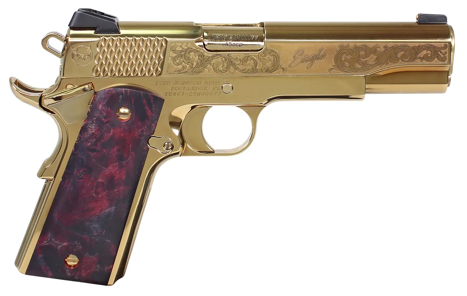Gold-plated semi-automatic handgun with engraved details and a decorative grip. Perfect for collecto.