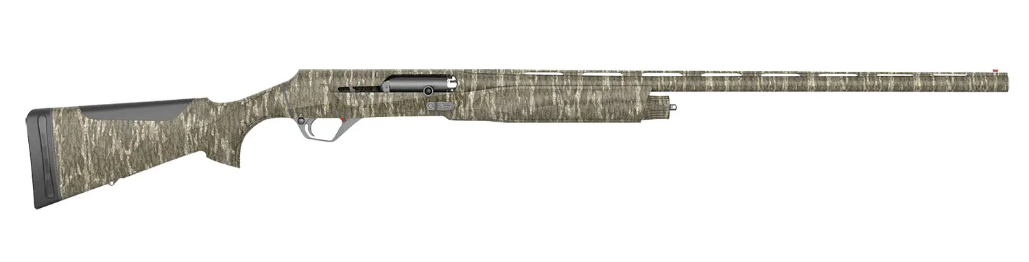 Camouflage-patterned hunting rifle with scope for outdoor shooting.